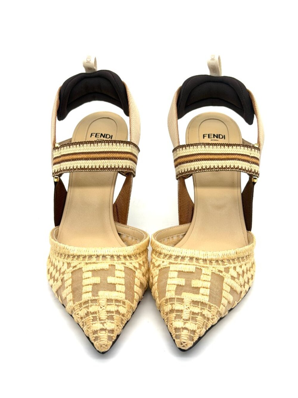 FENDI Colibri 85 Mesh Raffia Sporty FF Logo Slingback Heels Pumps Sandals - Picture 7 of 16